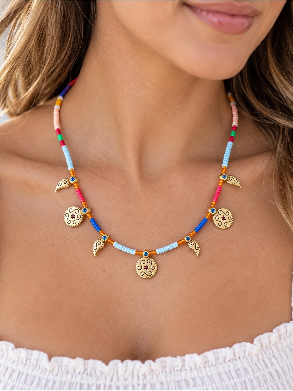 Beaded Multi-Color Charm Necklace with Gold Accents
